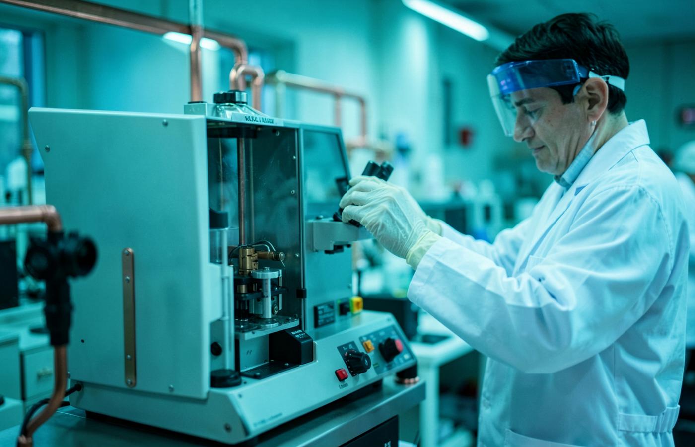 Analista operando un equipo de HPLC en laboratorio